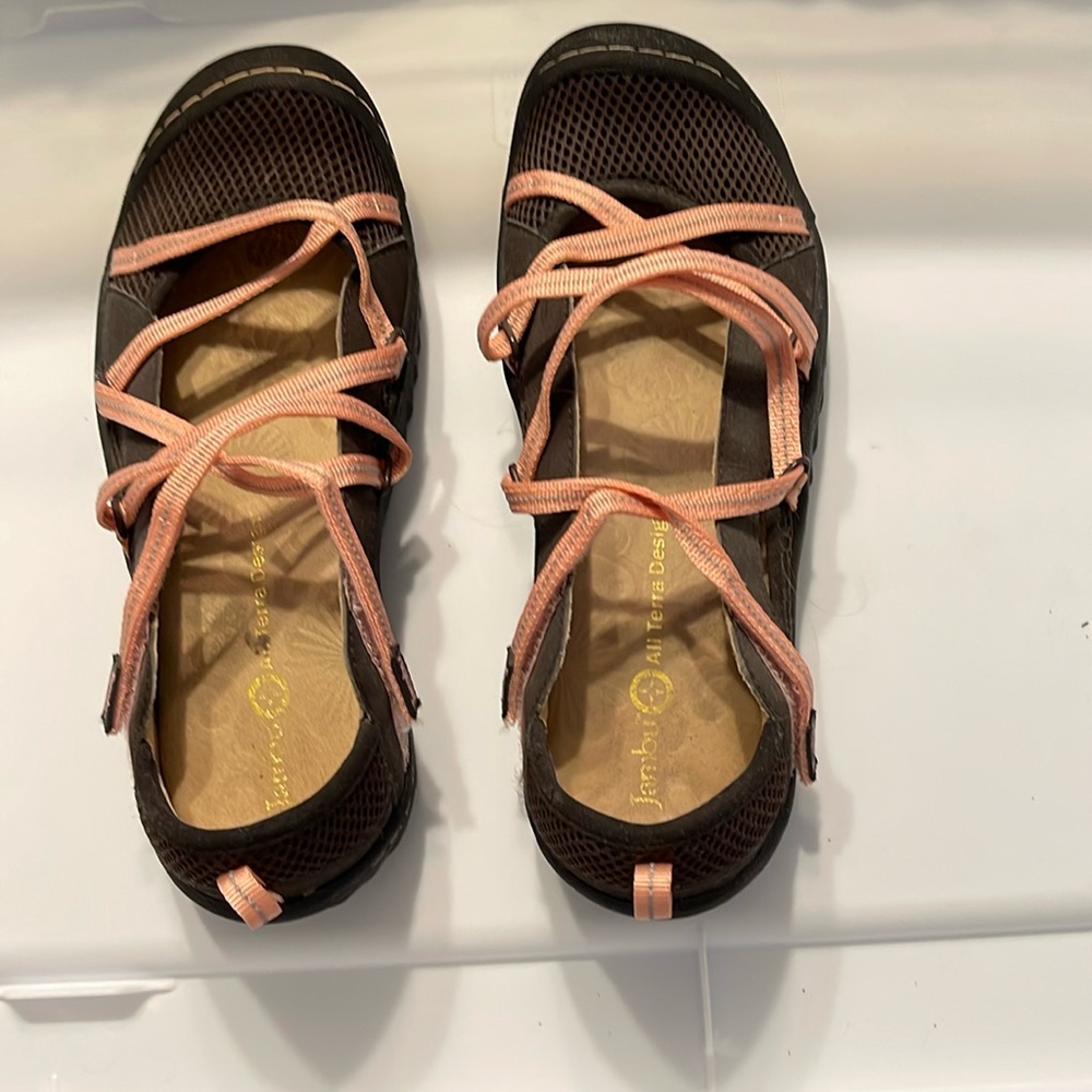 Jambu shoes.  Worn once.  Brown and pink.  Velcro closure.  Size 8.  Mesh.
